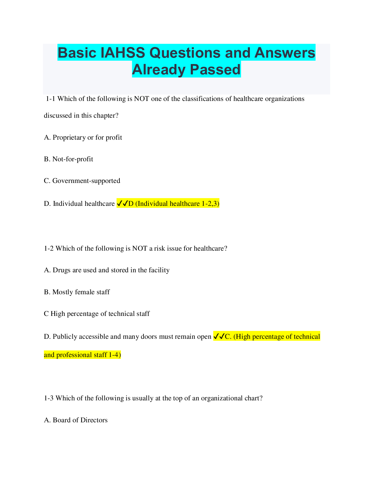 Preview image of Basic IAHSS Questions and Answers Already Passed document